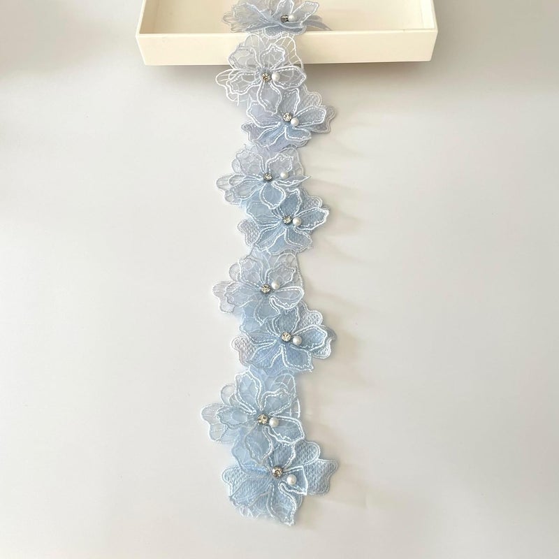 Buysk 2 Yards 3D Pearl Beads Flower Lace Trim Ribbon Floral Applique Embroidered Lace Fabric for Sewing DIY Crafts (Blue) - Image 1